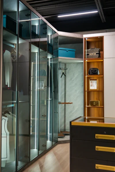 Modern walk-in closet with glass-top island drawer organizer and custom cabinetry