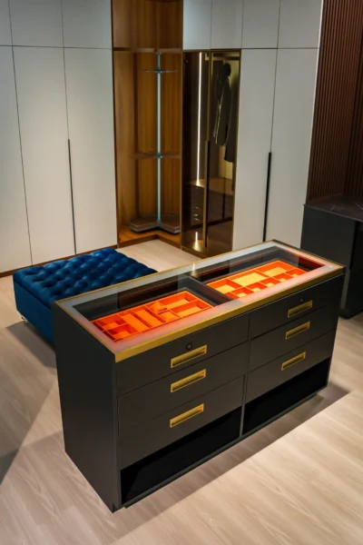 Modern walk-in closet with glass-top island drawer organizer and custom cabinetry