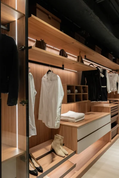 Modern wardrobe system with illuminated drawers and hanging storage