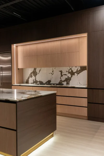 Luxury kitchen with wood cabinetry, illuminated marble backsplash, and central island