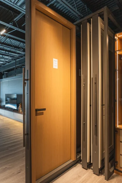 Contemporary wood interior door displayed in modern showroom with door sample racks