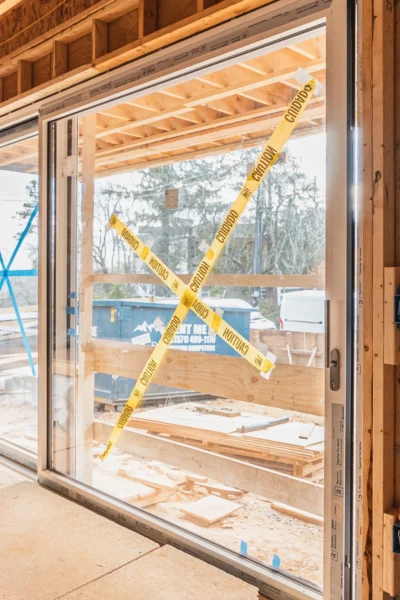 Large sliding glass patio door installed in residential construction framing