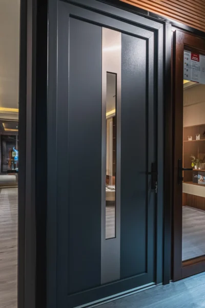 Modern dark gray entry door with narrow vertical glass panel in showroom