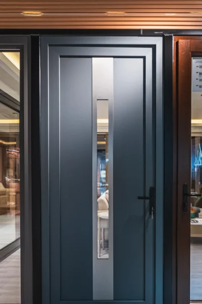 Contemporary gray entry door with vertical glass insert and modern hardware