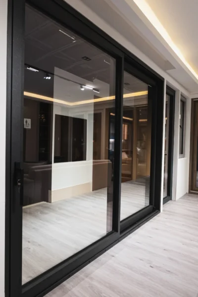 Black aluminum sliding glass doors in modern showroom interior
