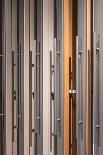 Display rack with multiple modern interior door samples in different wood and laminate finishes