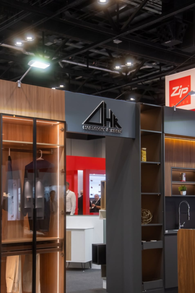 Industrial glass installation equipment displayed at construction trade show